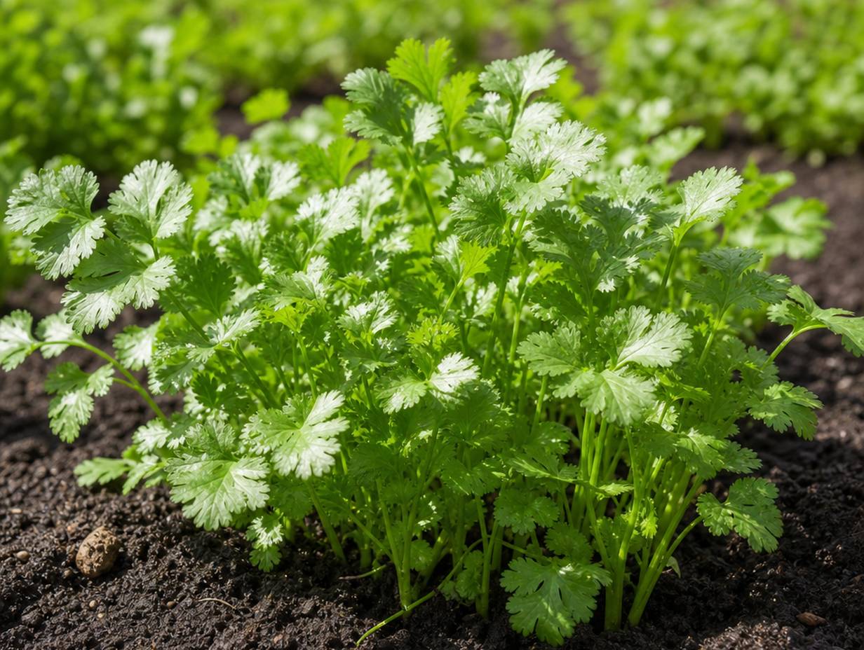 Frischer Koriander mit gefiederten Blättern in einem Gartenbeet