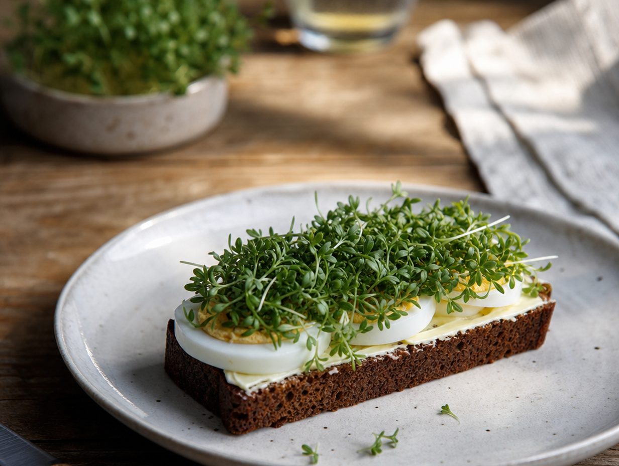Scheibe Roggenbrot mit Butter, Eischeiben und einer dicken Schicht frischer Gartenkresse auf einem Teller