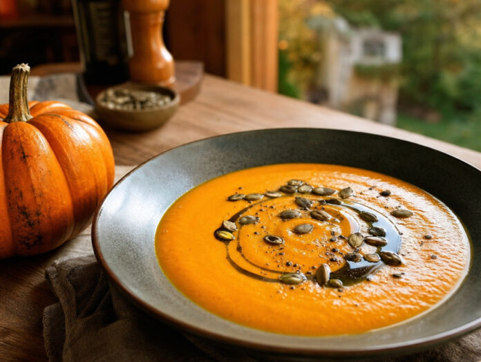 Cremige orangefarbene Kürbissuppe mit Kürbiskernöl und Kernen neben einem kleinen Kürbis