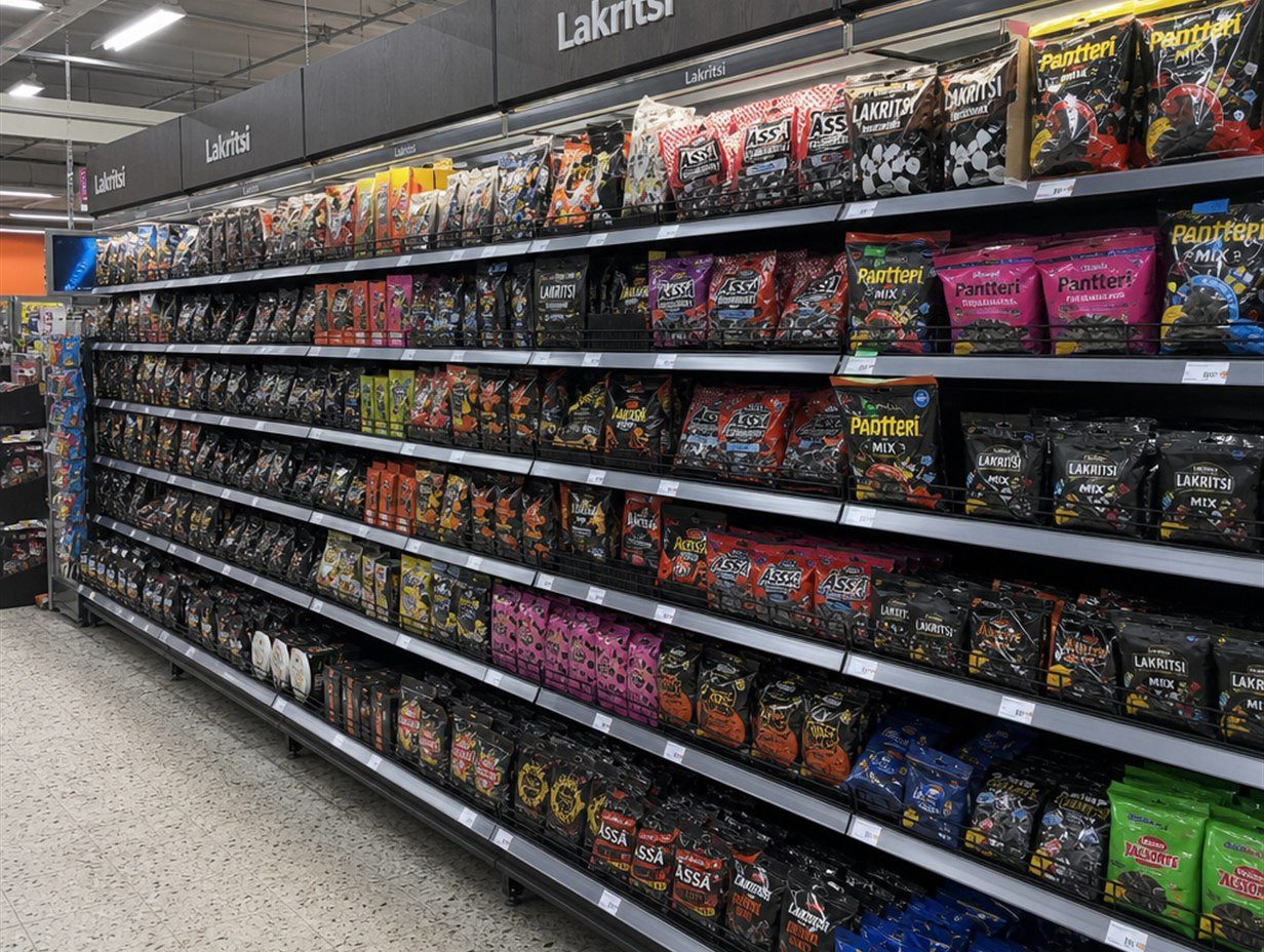 Langes Supermarktregal voller schwarzer Lakritzprodukte in bunten Verpackungen