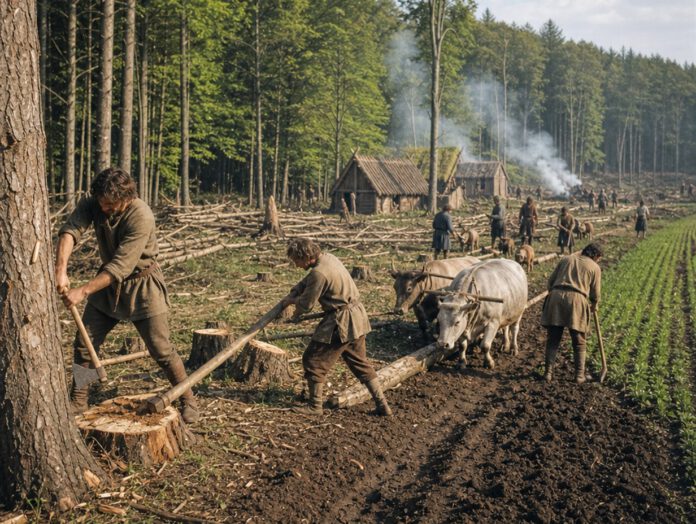 Siedler fällen Bäume am Waldrand, Ochsen ziehen Stämme fort, daneben wird frisch gerodeter Boden gepflügt und ein erstes Feld bestellt