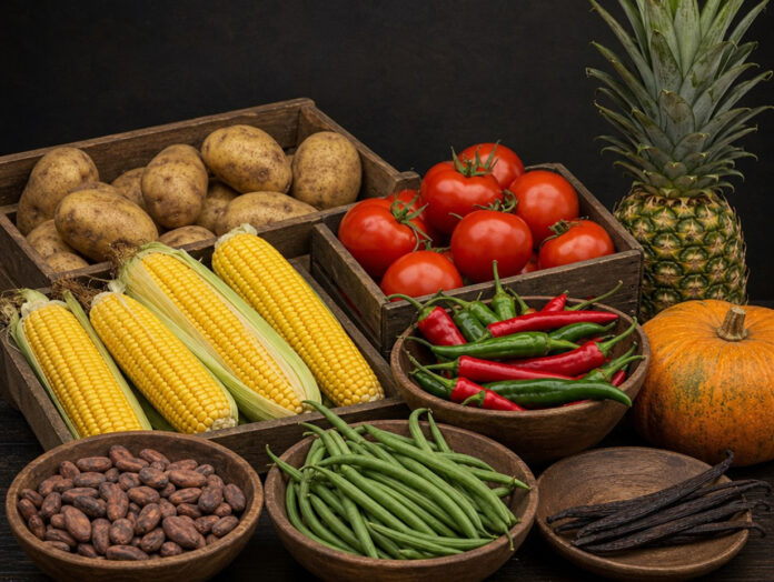 Kisten und Schalen mit Kartoffeln, Tomaten, Maiskolben, Chilischoten, Kakaobohnen, Vanilleschoten, grünen Bohnen, Kürbis und Ananas