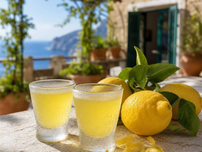 Zwei beschlagene kleine Gläser mit leuchtend gelbem Limoncello auf einem Steintisch, daneben frische Zitronen mit Blättern und abgeschälte Zesten