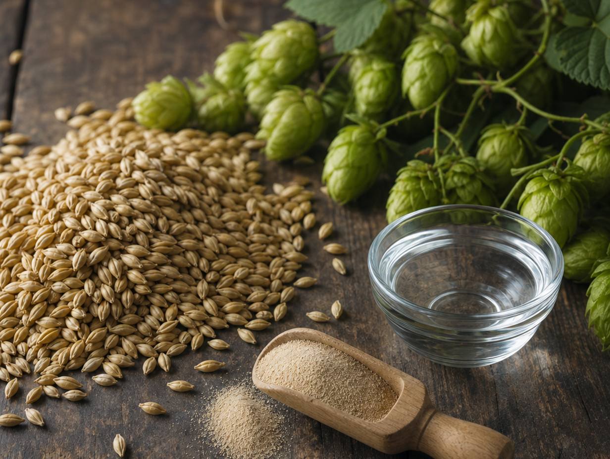Gerstenmalz, frische Hopfendolden, eine Schale Wasser und eine Schaufel Hefe auf einem Holztisch