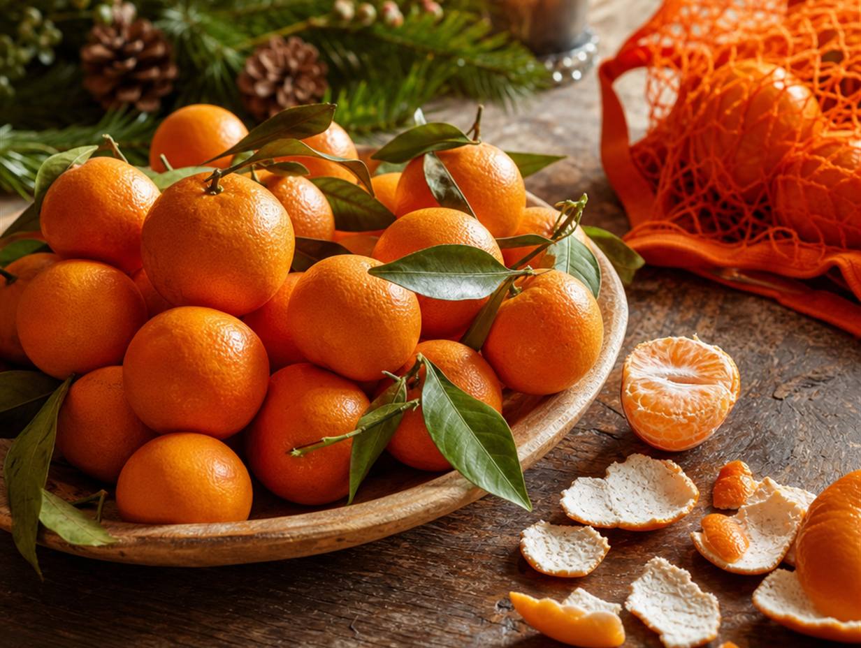 Holzschale voller kleiner orangefarbener Zitrusfrüchte mit grünen Blättern, daneben ein geöffnetes Netz und abgezogene Schalenstücke, im Hintergrund Tannenzweige