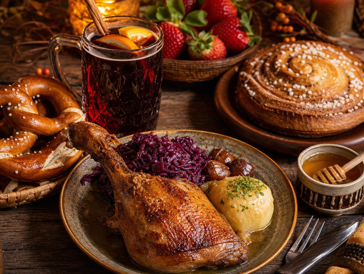 Gedeckter herbstlicher Tisch mit Gänsekeule, Brezeln, Zimtschnecke, Glühwein und Erdbeeren