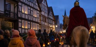 Martinstag am 11. November: Herkunft, Bräuche und das Essen dazu Kinder mit leuchtenden Laternen beim Martinsumzug in der Abenddämmerung, vorneweg ein Reiter im roten Mantel