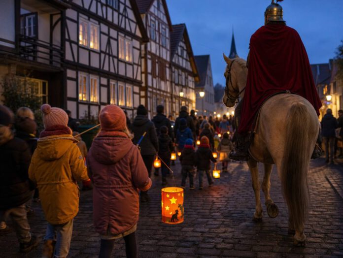 Kinder mit leuchtenden Laternen beim Martinsumzug in der Abenddämmerung, vorneweg ein Reiter im roten Mantel