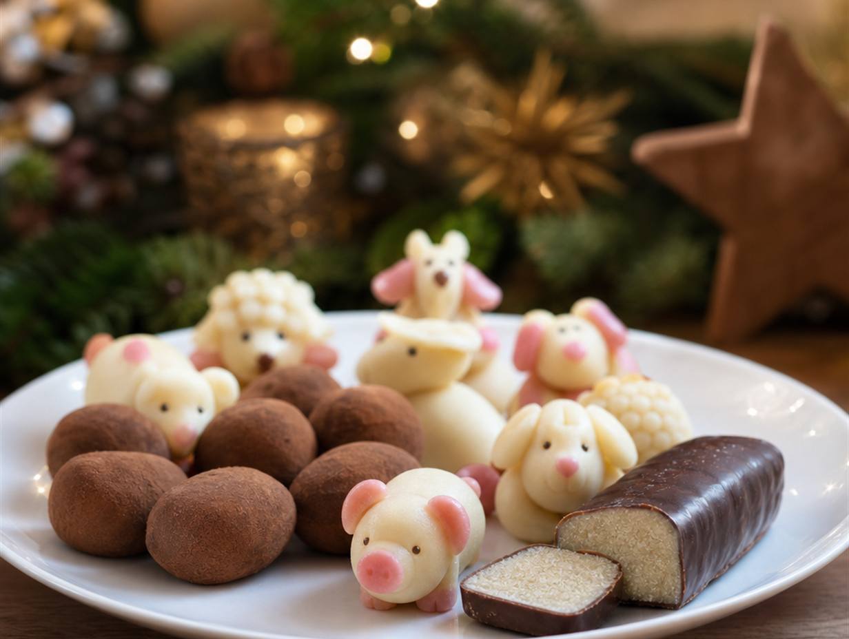 Teller mit Marzipankartoffeln, geformten Marzipanfiguren und einem angeschnittenen Marzipanriegel mit Schokoladenüberzug