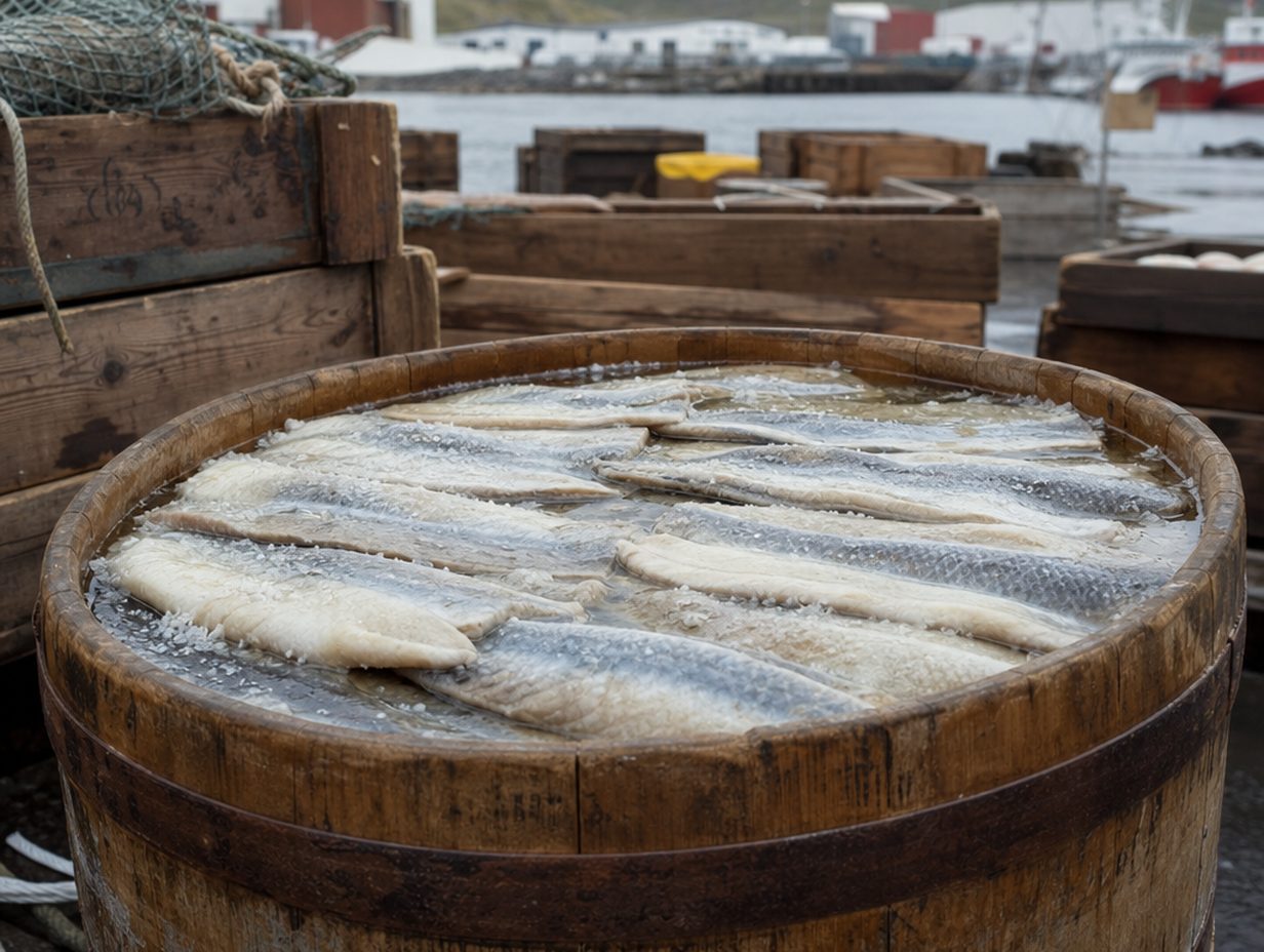 Holzfass mit eingelegten Heringsfilets in Salzlake am Kai, dahinter Kisten und Fischernetze