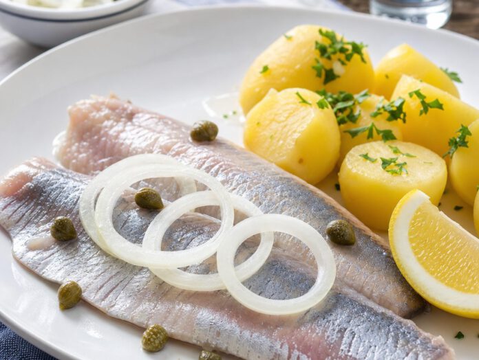 Zwei helle Matjesfilets auf weißem Teller mit rohen Zwiebelringen, Kapern, Zitrone und Salzkartoffeln