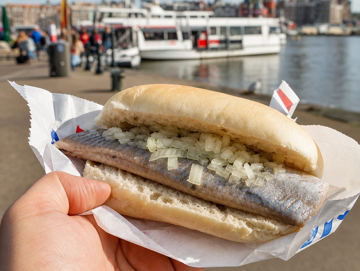 Weiches Brötchen mit Matjesfilet und gehackten rohen Zwiebeln, im Papier gehalten, Hafen im Hintergrund