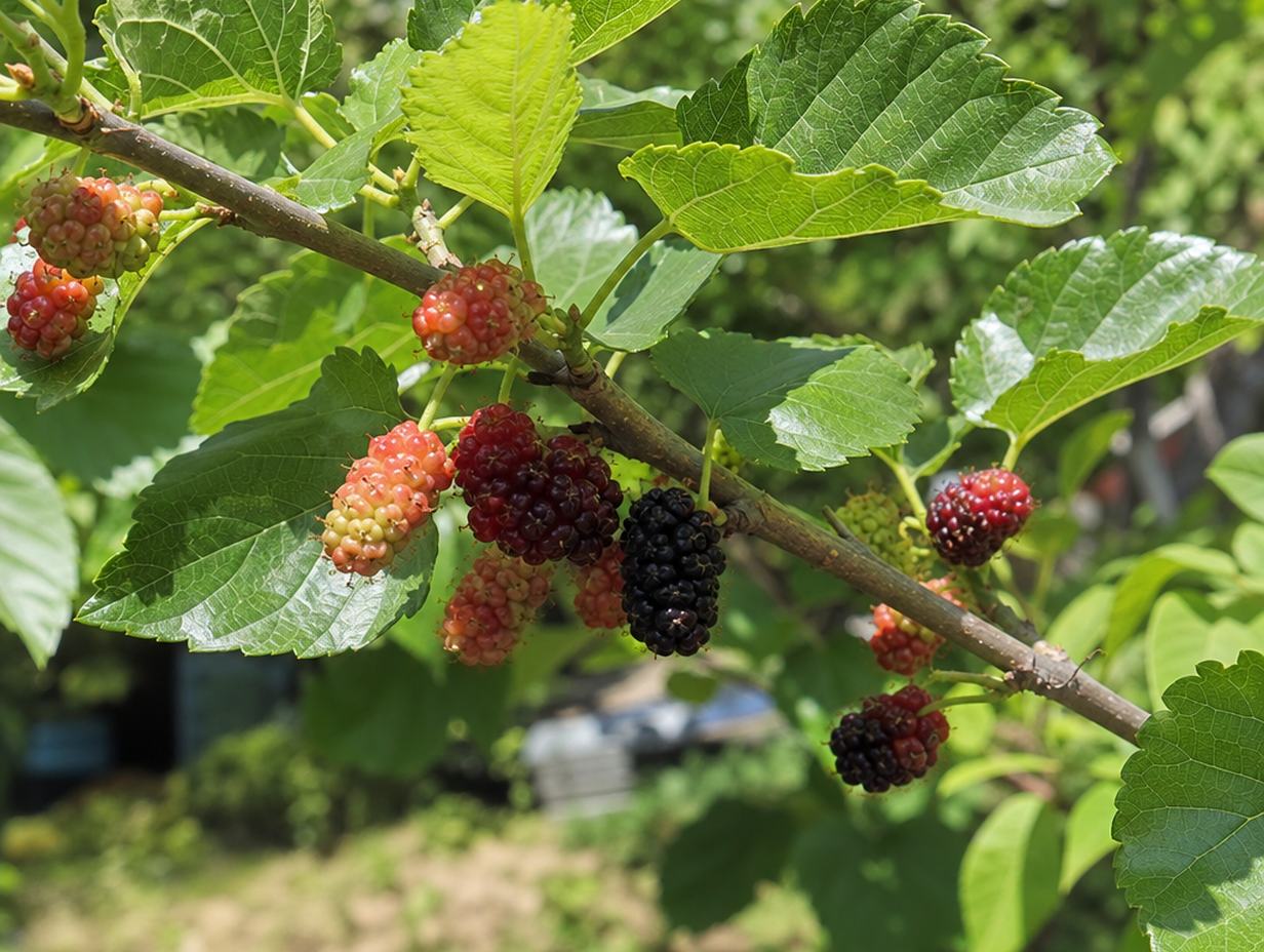 Zweig eines Maulbeerbaums mit breiten grünen Blättern und Früchten von weißgrün über rot bis tiefviolett