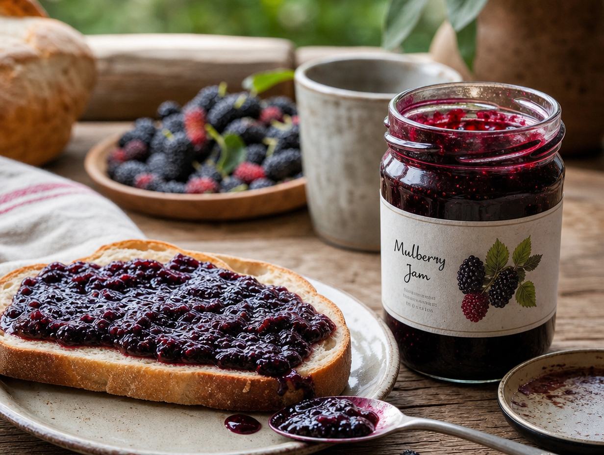 Scheibe Brot mit dunkelvioletter Maulbeermarmelade neben einem offenen Glas und einem Löffel