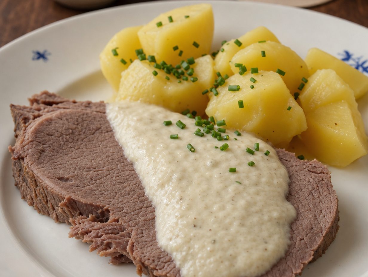 Scheibe gekochtes Rindfleisch mit weißer cremiger Meerrettichsauce und Salzkartoffeln auf einem Teller