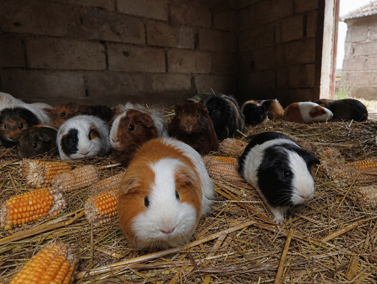 Mehrere Meerschweinchen in einem einfachen gemauerten Stall mit Stroh und Maiskolben