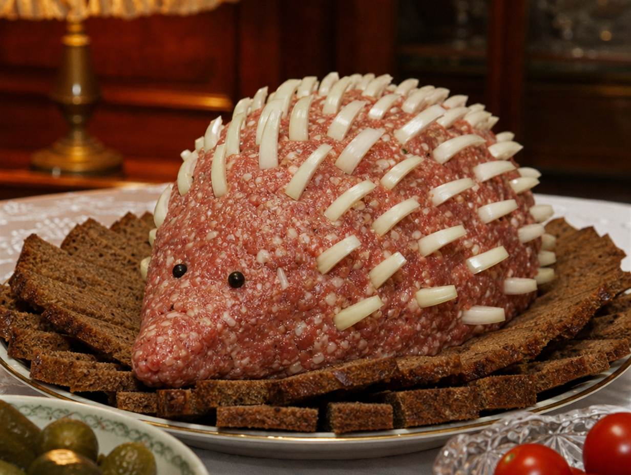 Mettigel aus rohem Hackfleisch mit Zwiebelstücken als Stacheln auf einer Platte mit dunklem Brot