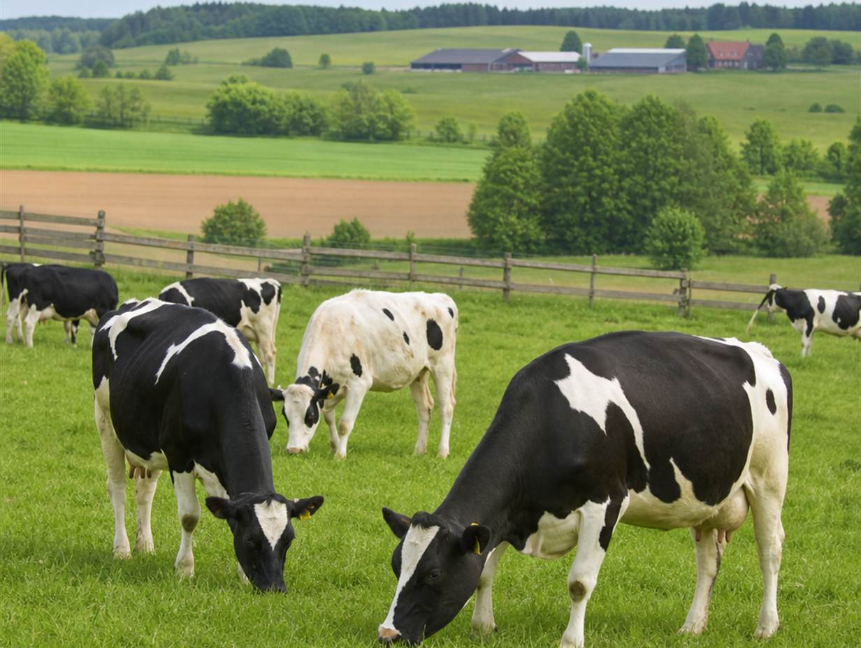 Schwarzbunte Milchkühe grasen auf einer grünen Weide, im Hintergrund ein Hof