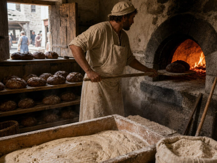 Mittelalterlicher Bäcker schiebt mit einem langen Holzschieber dunkle runde Roggenbrote in einen gemauerten Kuppelofen, daneben Brotregale und ein Teigtrog