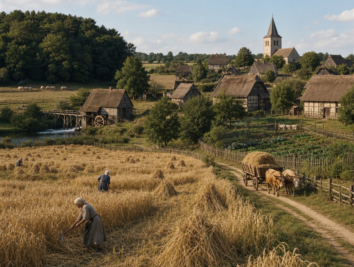 Blick über ein mittelalterliches Dorf mit Getreideernte auf Streifenfluren, Wassermühle am Bach, Gemüsegarten, Obstbäumen und Schweinen am Waldrand