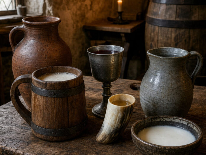 Tonkrug, Holzbecher mit trübem Bier, Zinnkelch mit Rotwein, Trinkhorn mit Met und Schale Buttermilch auf einem Eichentisch