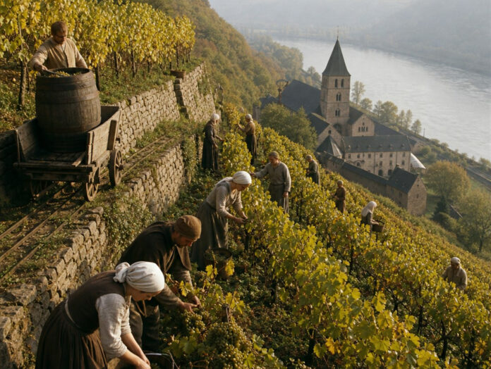 Winzerinnen und Winzer schneiden Trauben in terrassierten Weinbergen über einem Flusstal, im Hintergrund ein Kloster mit Kirchturm