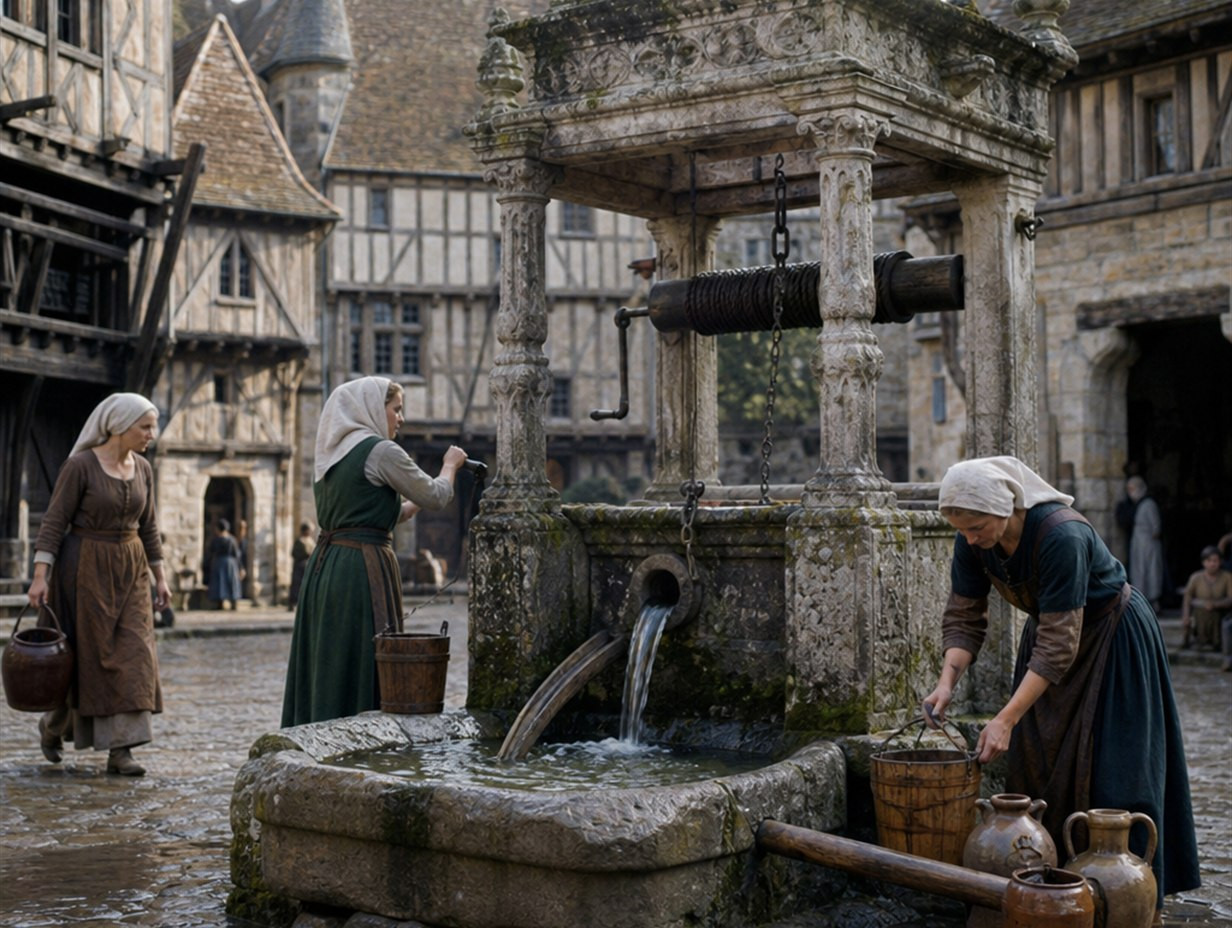 Steinerner Laufbrunnen auf einem mittelalterlichen Marktplatz, aus dem Wasser in ein Becken läuft, während Frauen Eimer und Krüge füllen