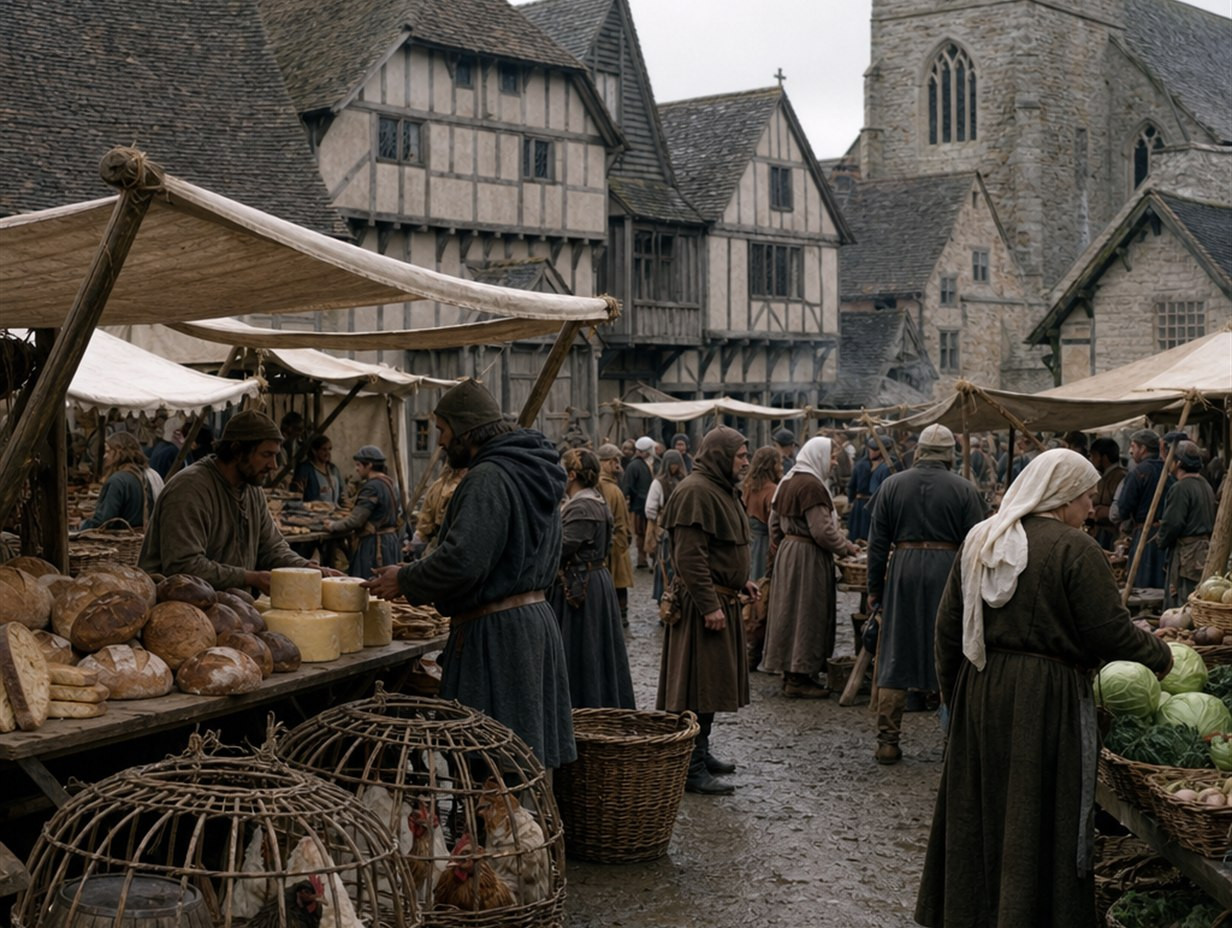 Mittelalterlicher Marktplatz mit Ständen voller dunkler Brotlaibe, Käselaibe, Hühnern in Weidenkäfigen und Kohl vor Fachwerkhäusern