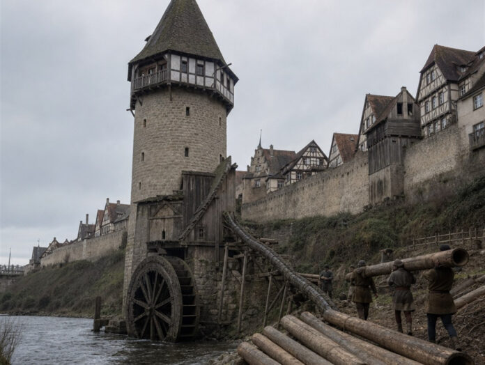 Steinerner Wasserturm mit Wasserrad am Fluss, dahinter Stadtmauer und Fachwerkhäuser, im Vordergrund gestapelte ausgehöhlte Holzrohre