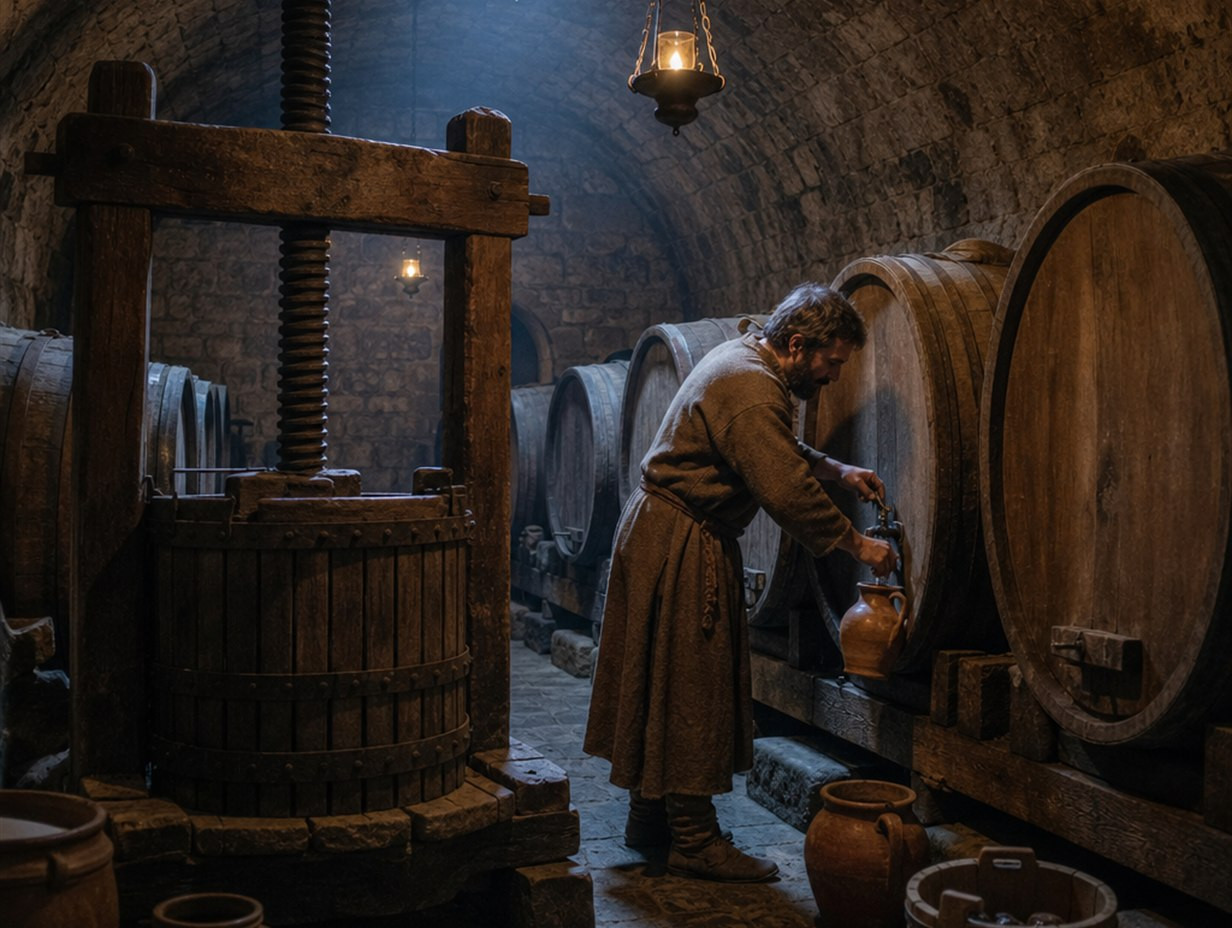 Gewölbter Weinkeller mit großen Eichenfässern und hölzerner Spindelpresse, ein Kellermeister zapft Wein in einen Tonkrug