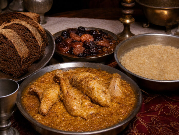 Zinnschale mit Geflügelstücken in dicker safrangelber, mit Brot gebundener Sauce, daneben Mandelmus, in Wein gedünstetes Dörrobst und dunkles Brot