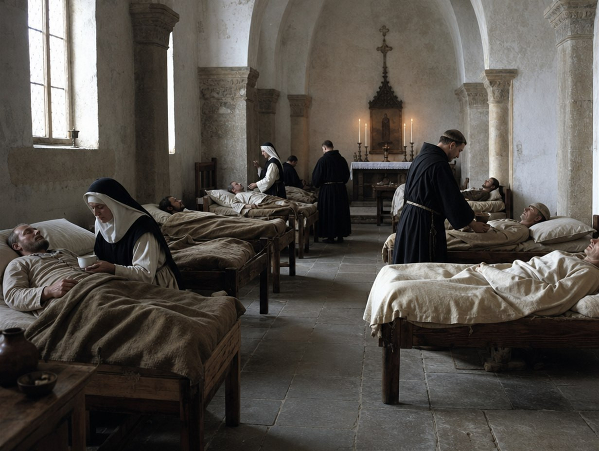 Gewölbter Krankensaal mit Reihen einfacher Holzbetten, Kranken unter groben Decken und pflegenden Ordensleuten, im Hintergrund ein Altar