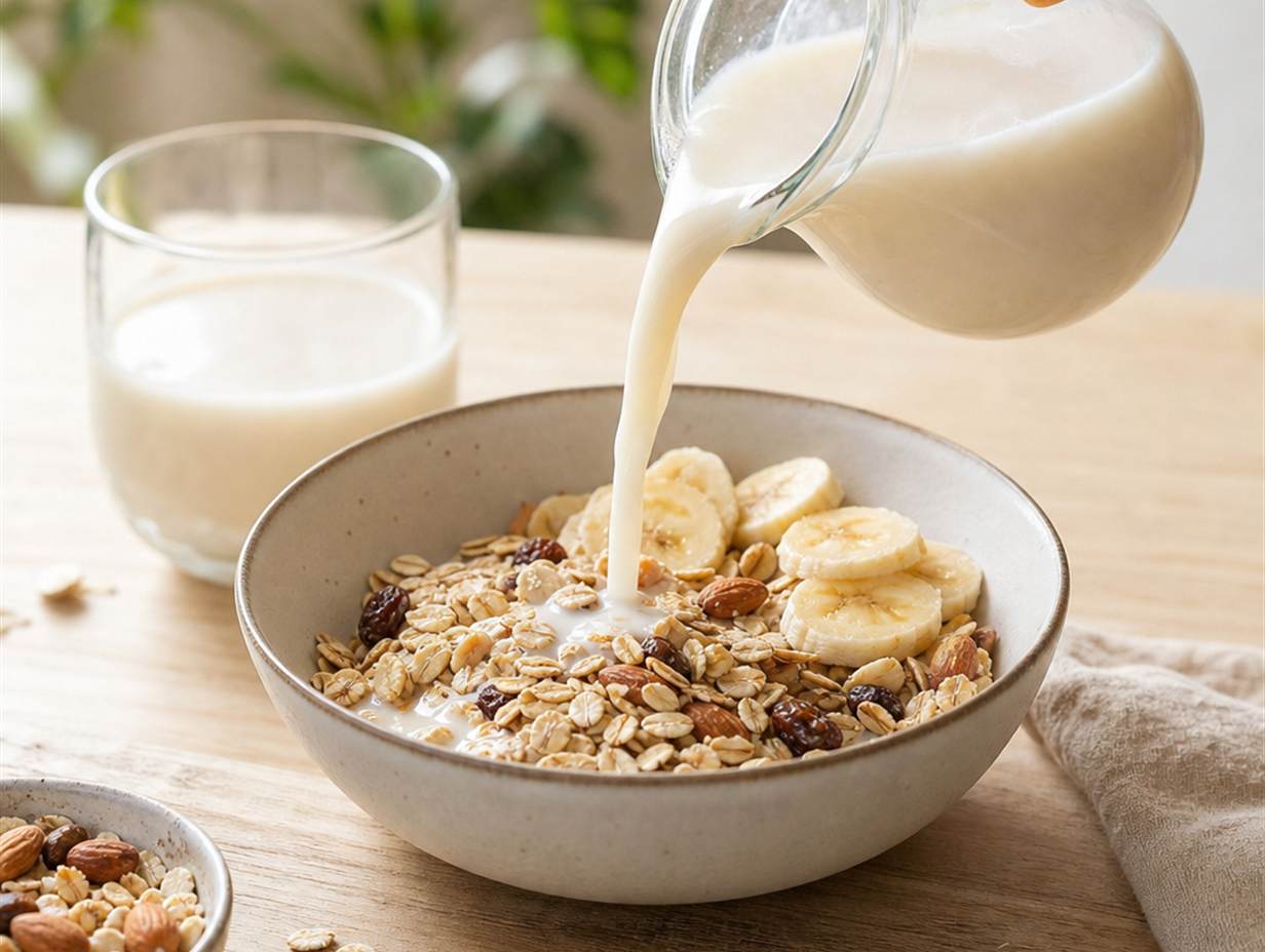 Schale Müsli mit Haferflocken, Nüssen und Bananenscheiben, über die Reismilch aus einem Krug gegossen wird