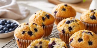 Muffin Monday: Woher der Brauch kommt und was den Muffin ausmacht Blaubeermuffins mit gewölbter Kuppe in Papierförmchen auf einem Kuchengitter, einer aufgebrochen