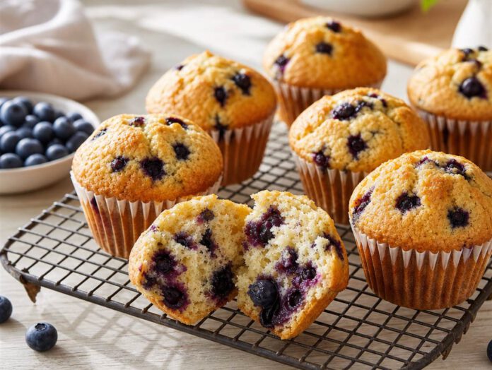Blaubeermuffins mit gewölbter Kuppe in Papierförmchen auf einem Kuchengitter, einer aufgebrochen