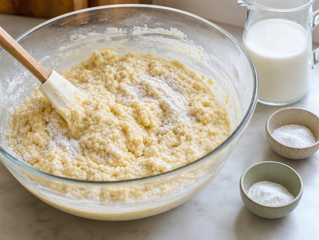 Bewusst klumpiger Muffinteig mit sichtbaren Mehlschlieren in einer Glasschüssel, daneben Buttermilch, Backpulver und Natron