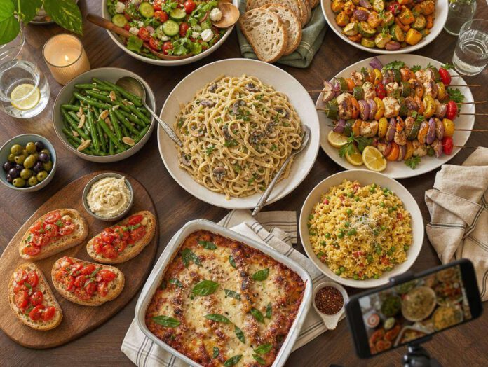 Große Portionen Essen auf einem Tisch, im Hintergrund ein Smartphone auf Stativ