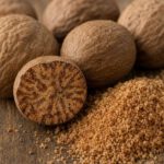 Muskatnuss, ganz und frisch gerieben