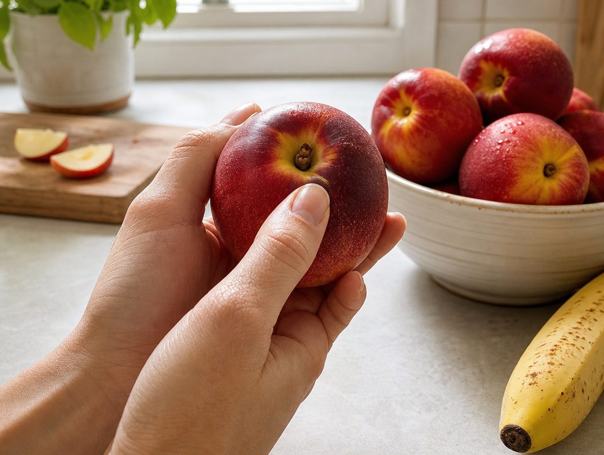 Eine Hand drückt vorsichtig am Stielansatz einer Nektarine, dahinter eine Schale mit Nektarinen und eine Banane