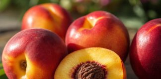 Warum schmeckt Nektarine bitter? Mehrere reife rotgelbe Nektarinen auf Holz, eine halbiert mit gelbem Fruchtfleisch und rotem Ring um den Stein