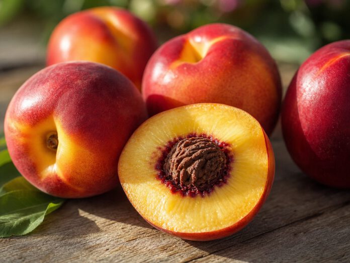 Mehrere reife rotgelbe Nektarinen auf Holz, eine halbiert mit gelbem Fruchtfleisch und rotem Ring um den Stein