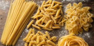 Weltnudeltag am 25. Oktober: Herkunft, Eigehalt und Hartweizen Spaghetti, Penne, Farfalle, Fusilli und ein Nest Eiernudeln auf einem bemehlten Holztisch, dazu eine Schale Hartweizengrieß