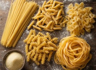 Weltnudeltag am 25. Oktober: Herkunft, Eigehalt und Hartweizen Spaghetti, Penne, Farfalle, Fusilli und ein Nest Eiernudeln auf einem bemehlten Holztisch, dazu eine Schale Hartweizengrieß