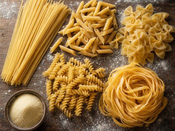 Spaghetti, Penne, Farfalle, Fusilli und ein Nest Eiernudeln auf einem bemehlten Holztisch, dazu eine Schale Hartweizengrieß