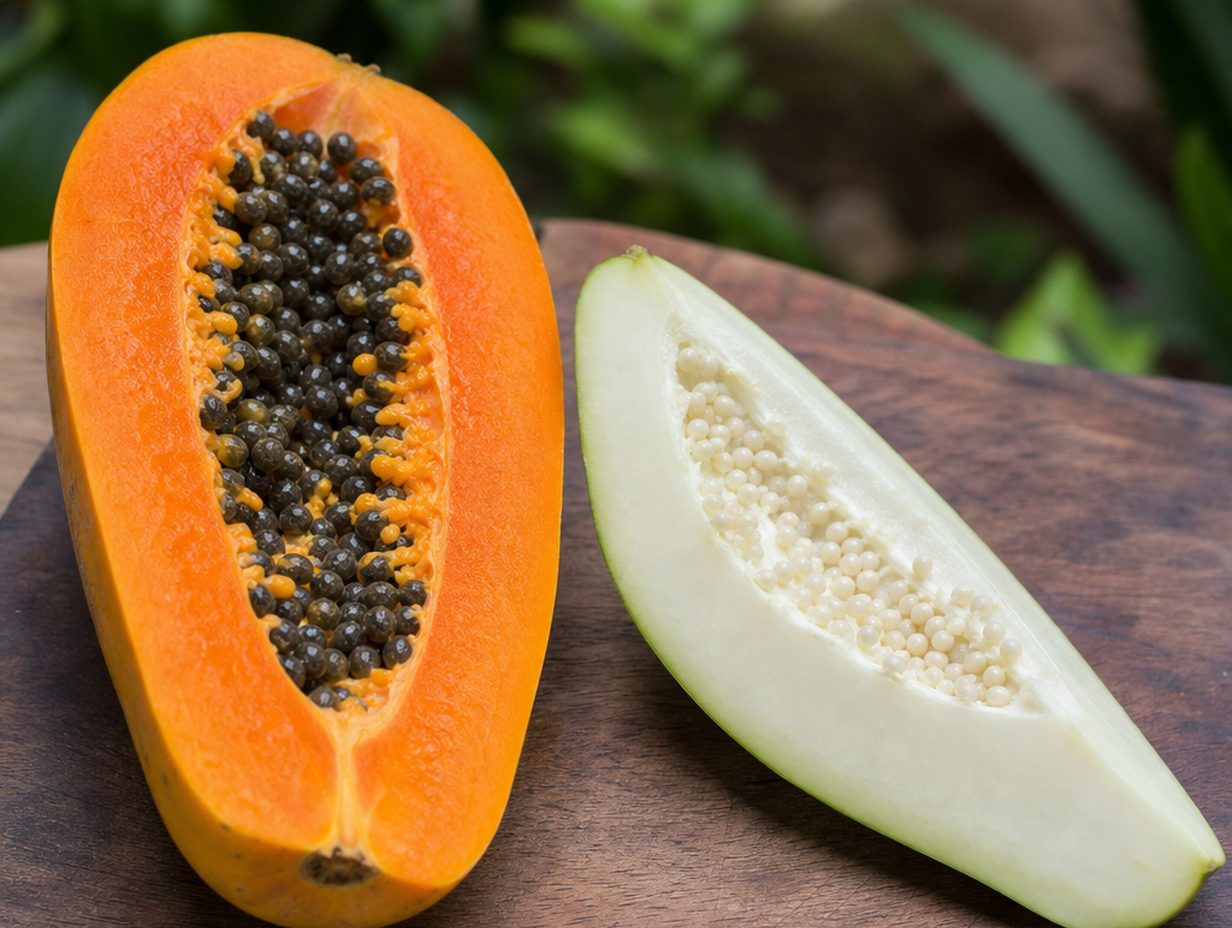 Halbierte reife Papaya mit tieforangem Fruchtfleisch und schwarzen Kernen neben einer unreifen Scheibe mit blassem Fleisch