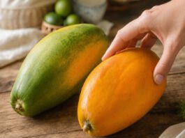 Zwei ganze Papayas auf einem Holztisch, eine grüngelb und eine orangegelb, eine Hand prüft die reife Frucht