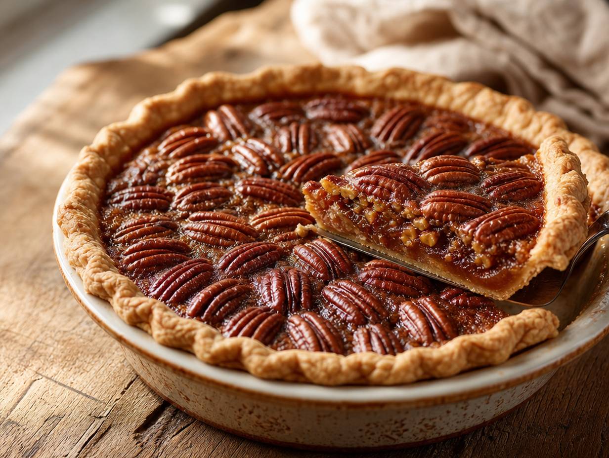 Amerikanischer Pecan Pie mit Pekannusshälften auf karamellfarbener Füllung, ein Stück angeschnitten