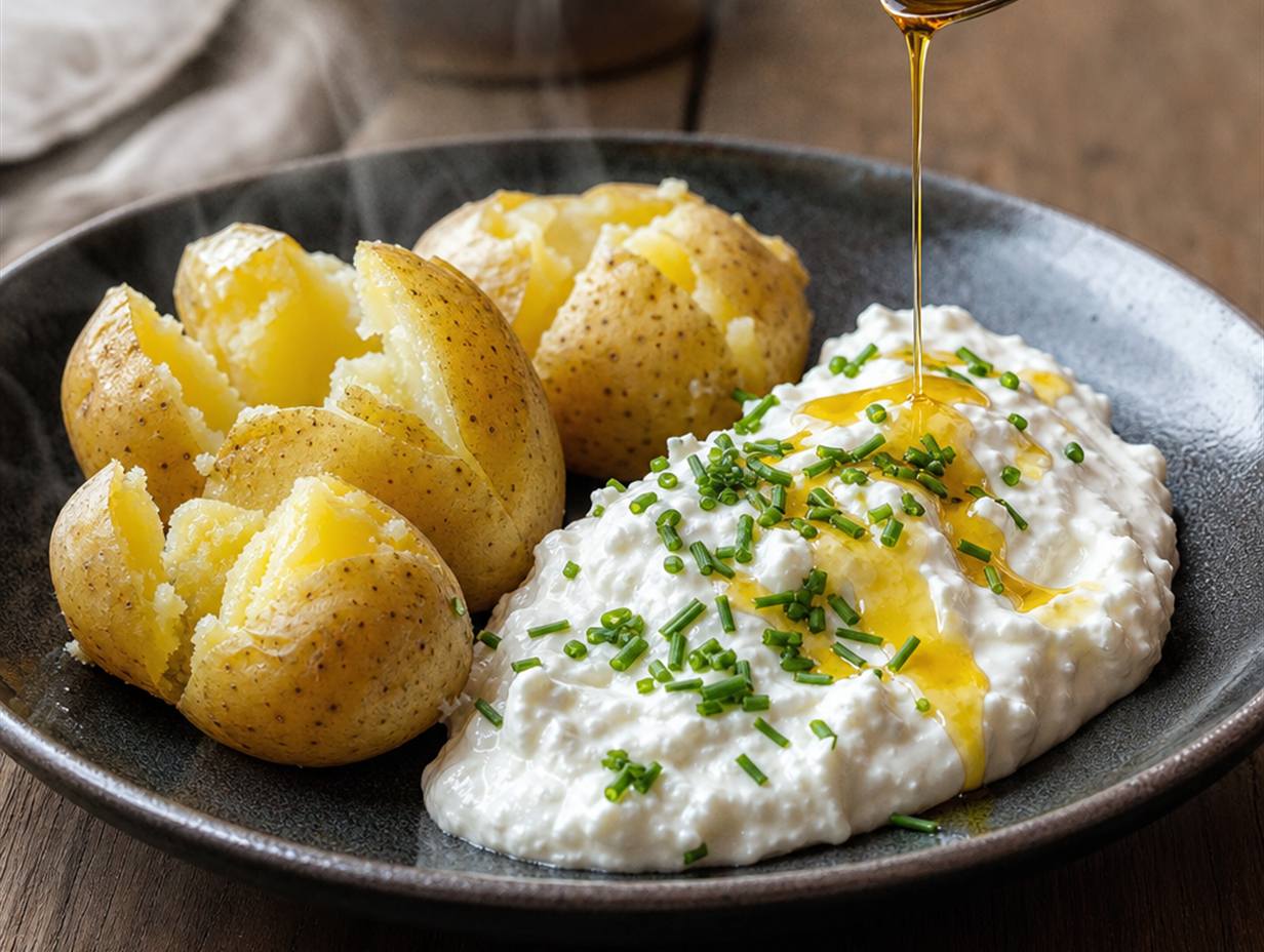 Aufgebrochene Pellkartoffeln neben Quark mit Schnittlauch, über den goldgelbes Leinöl gegossen wird
