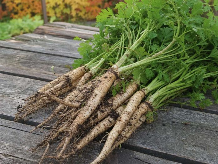 Bund frisch geernteter Petersilienwurzeln mit anhaftender Erde und grünem Petersilienkraut auf einem Holztisch