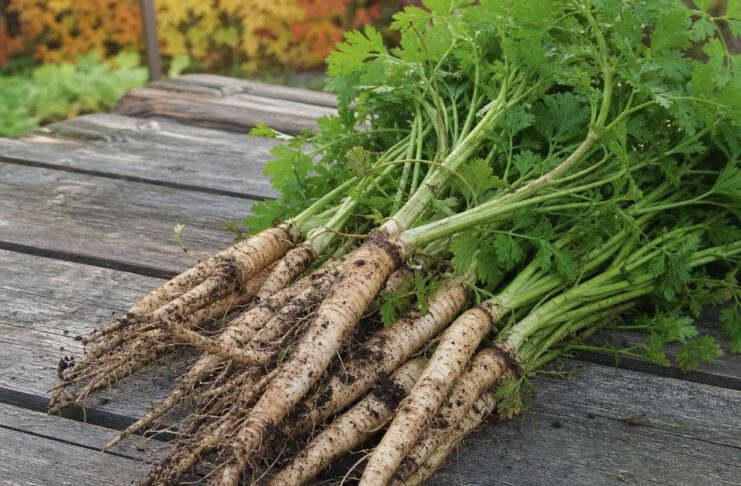 Bund frisch geernteter Petersilienwurzeln mit anhaftender Erde und grünem Petersilienkraut auf einem Holztisch